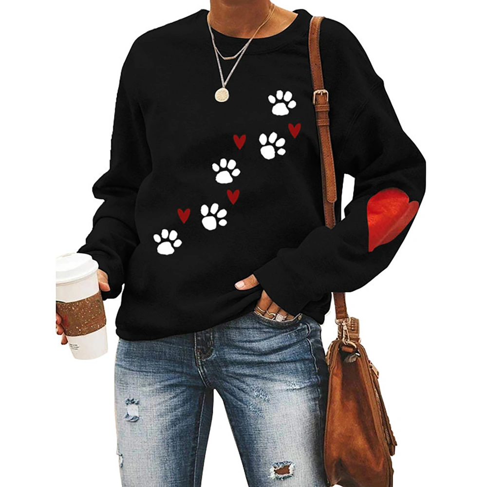 Women Top Loose Fashion Round Neck Long Sleeve Polyester Soft Breathable Machine Washable Clothing Black(white Dog Paw Print) XXL