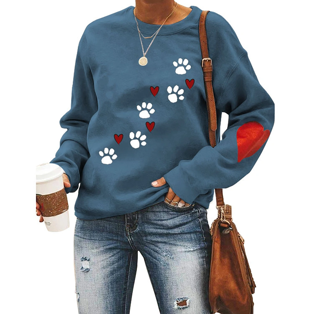 Women Top Loose Fashion Round Neck Long Sleeve Polyester Soft Breathable Machine Washable Clothing Blue(white Dog Paw Print) M