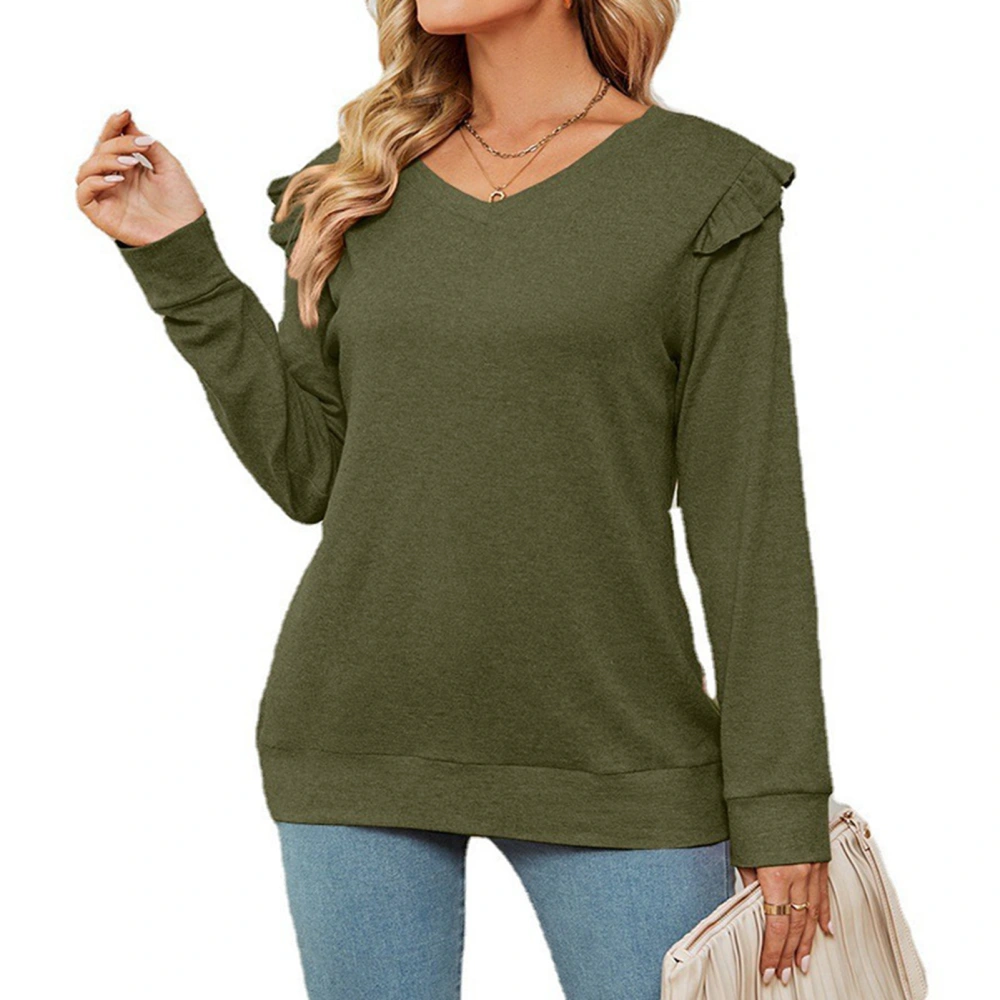 Women T Shirts Ruffles V Neck Long Sleeves Pure Color Loose Fitting Casual Top for Daily Wear OD Green S