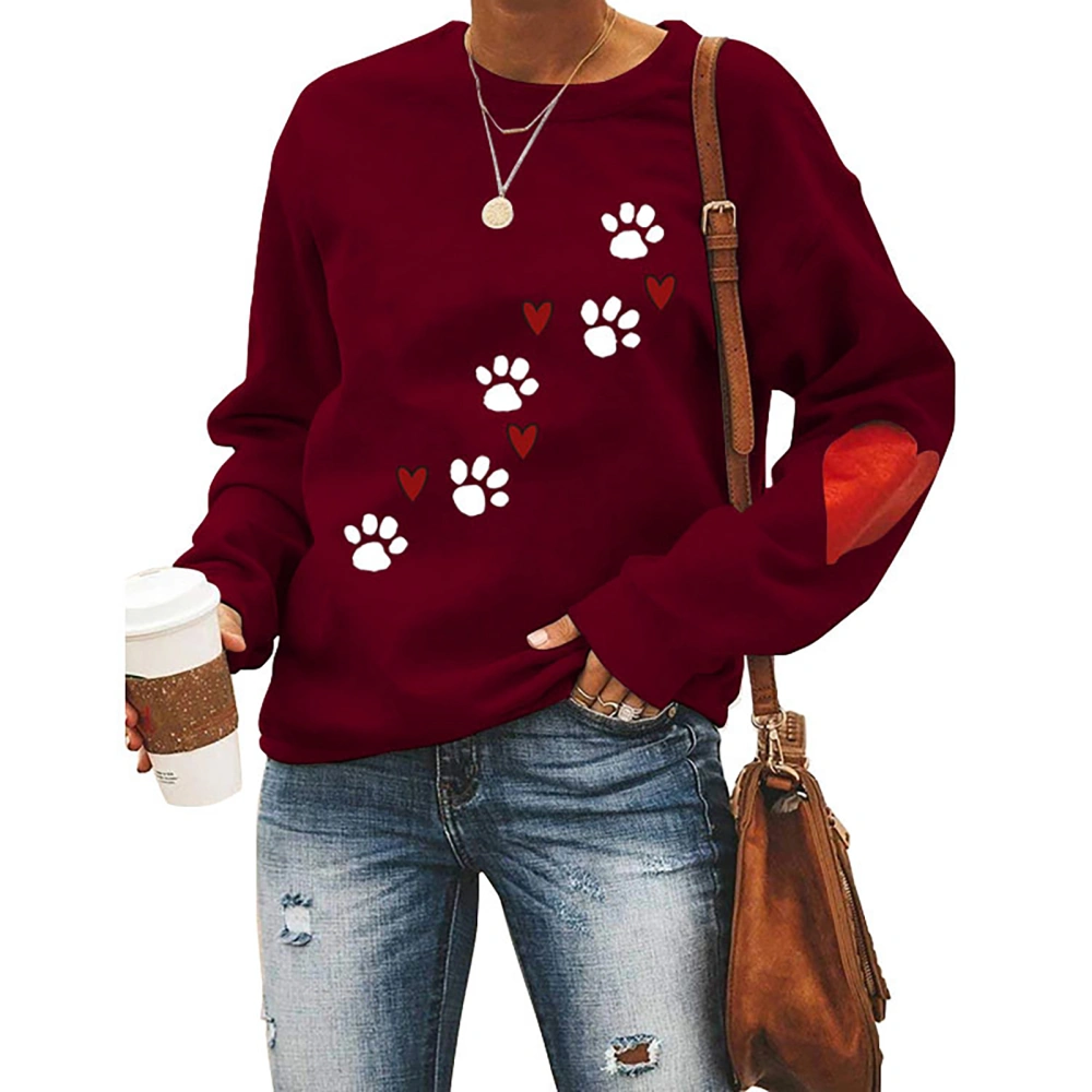 Women Top Loose Fashion Round Neck Long Sleeve Polyester Soft Breathable Machine Washable Clothing Wine Red(white Dog Paw Print) XXL