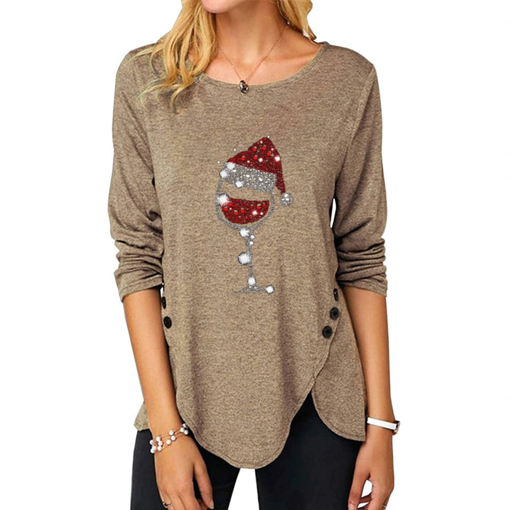 Womens Long Sleeve Shirt Christmas Red Wine Glass Print Irregular Buttons Round Neck Long Sleeve Top Apricot S