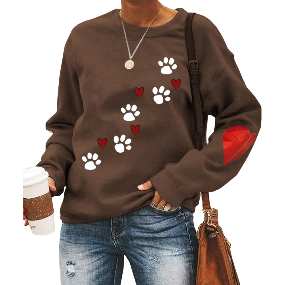 Women Top Loose Fashion Round Neck Long Sleeve Polyester Soft Breathable Machine Washable Clothing Coffee Colour(white Dog Paw Print) S