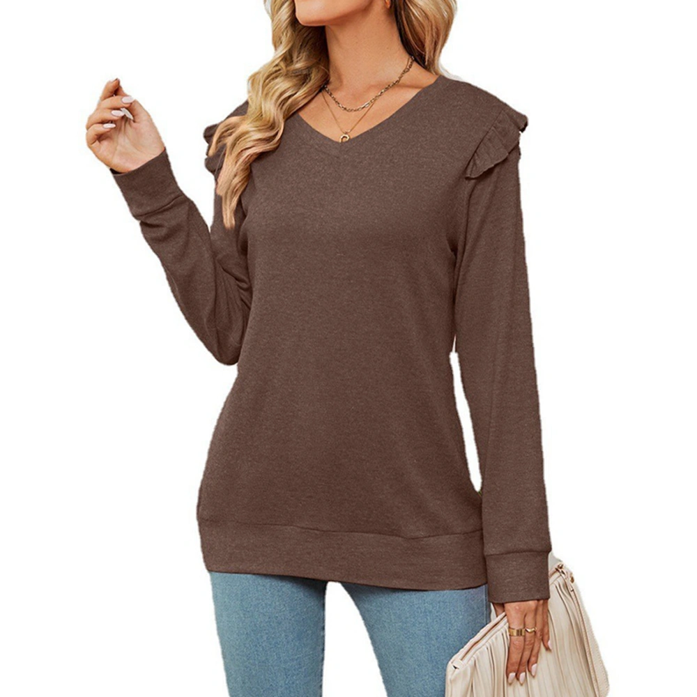 Women T Shirts Ruffles V Neck Long Sleeves Pure Color Loose Fitting Casual Top for Daily Wear Brown XL