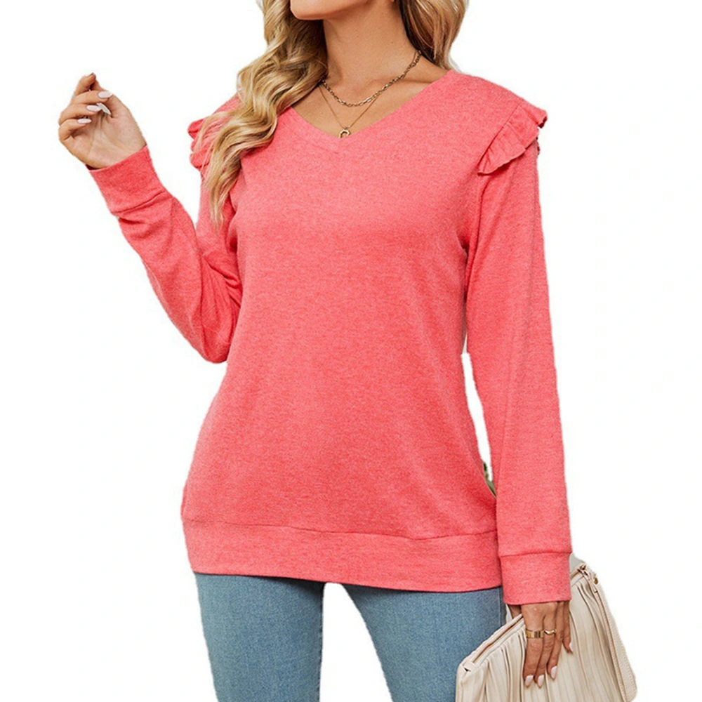 Women T Shirts Ruffles V Neck Long Sleeves Pure Color Loose Fitting Casual Top for Daily Wear Pink XXL