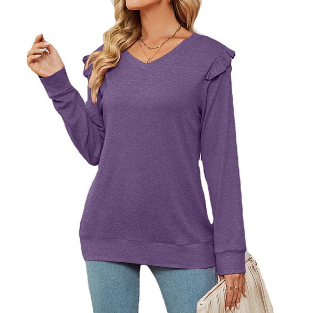 Women T Shirts Ruffles V Neck Long Sleeves Pure Color Loose Fitting Casual Top for Daily Wear Purple XL