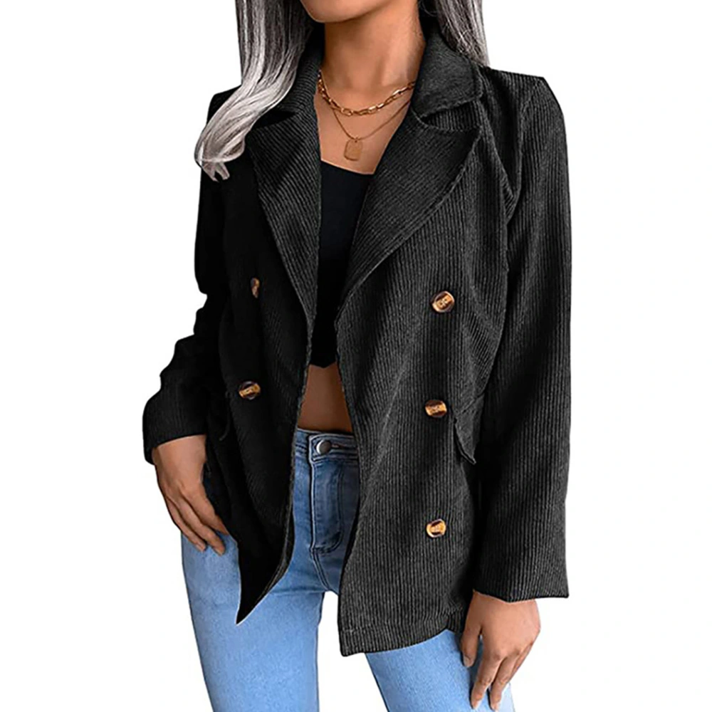 Button Jacket Revers Design Pure Color Long Sleeve Fashionable Slim Fit Casual Women Coat for Autumn Winter Black L