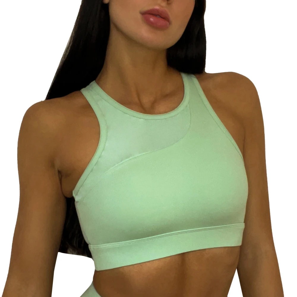 Sports Bra Round Neck Sleeveless Splicing Mesh Wide Hem Sweat Absorbing Fitness Bra with Cups for Running Green L