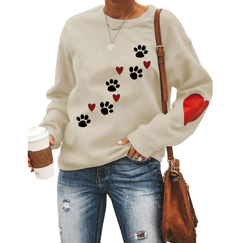 Women Top Loose Fashion Round Neck Long Sleeve Polyester Soft Breathable Machine Washable Clothing Sand Colour(black Dog Paw Print) XXL