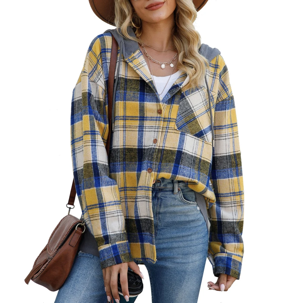 Women Shacket Long Sleeve Drawstring Hooded Plaid Print Single Breasted Shirt Jacket with Pocket Yellow M