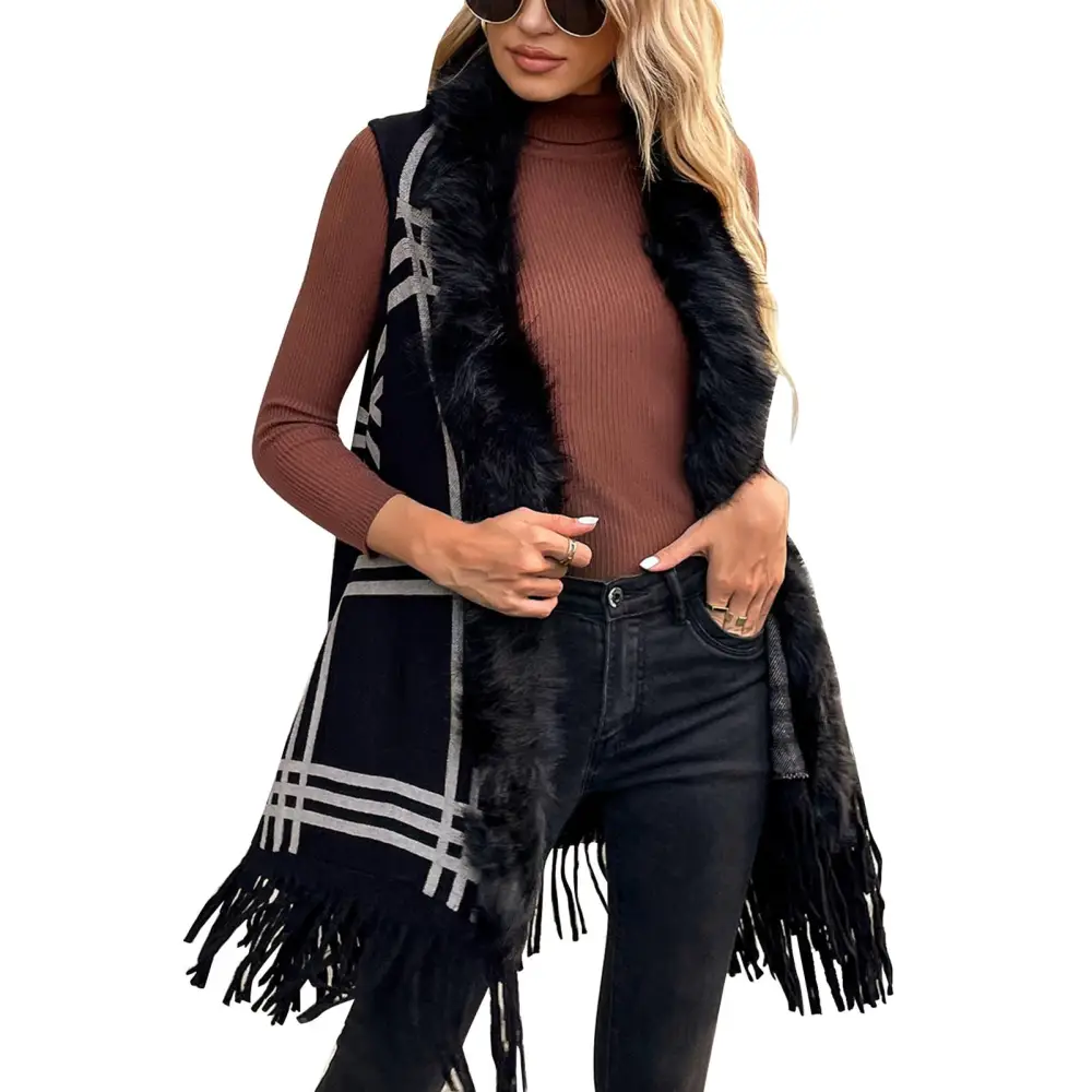 Faux Fur Collar Plaid Sleeveless Open Front Outwear Women Autumn Winter Fashionable Hem Tassel Vest Coat Black M