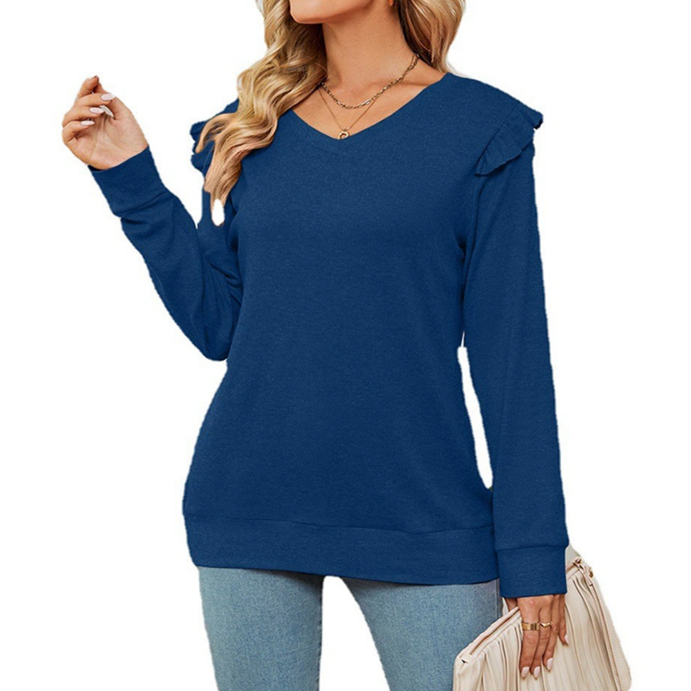 Women T Shirts Ruffles V Neck Long Sleeves Pure Color Loose Fitting Casual Top for Daily Wear Blue XL