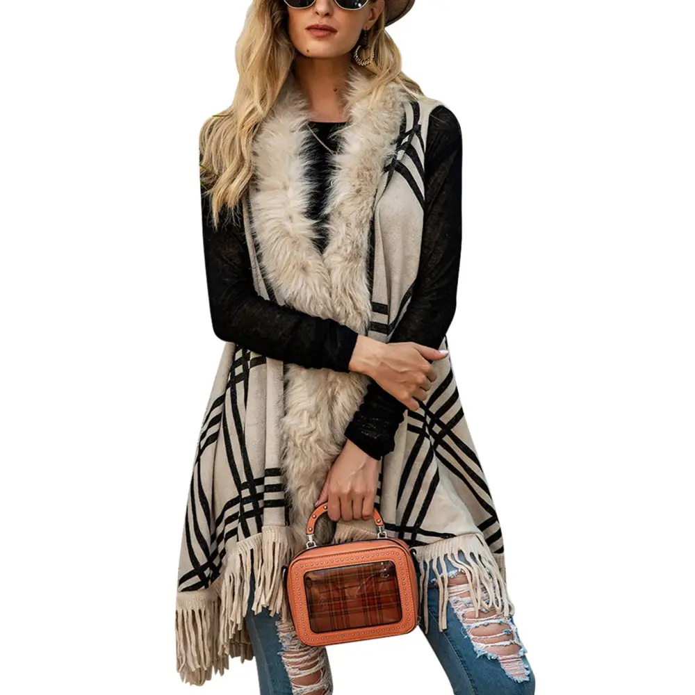 Faux Fur Collar Plaid Sleeveless Open Front Outwear Women Autumn Winter Fashionable Hem Tassel Vest Coat Khaki L