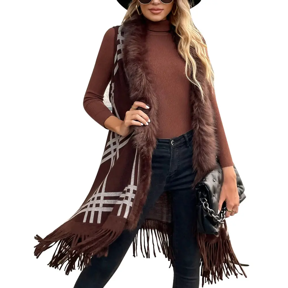 Faux Fur Collar Plaid Sleeveless Open Front Outwear Women Autumn Winter Fashionable Hem Tassel Vest Coat Coffee S