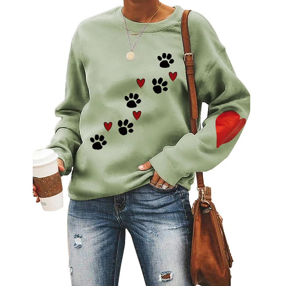 Women Top Loose Fashion Round Neck Long Sleeve Polyester Soft Breathable Machine Washable Clothing Olive Green(black Dog Paw Print) M