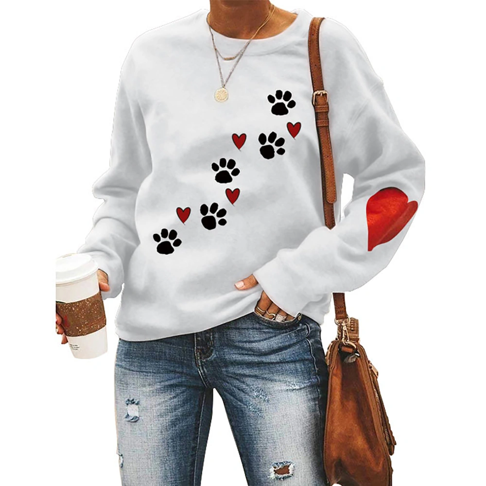 Women Top Loose Fashion Round Neck Long Sleeve Polyester Soft Breathable Machine Washable Clothing White(black Dog Paw Print) M