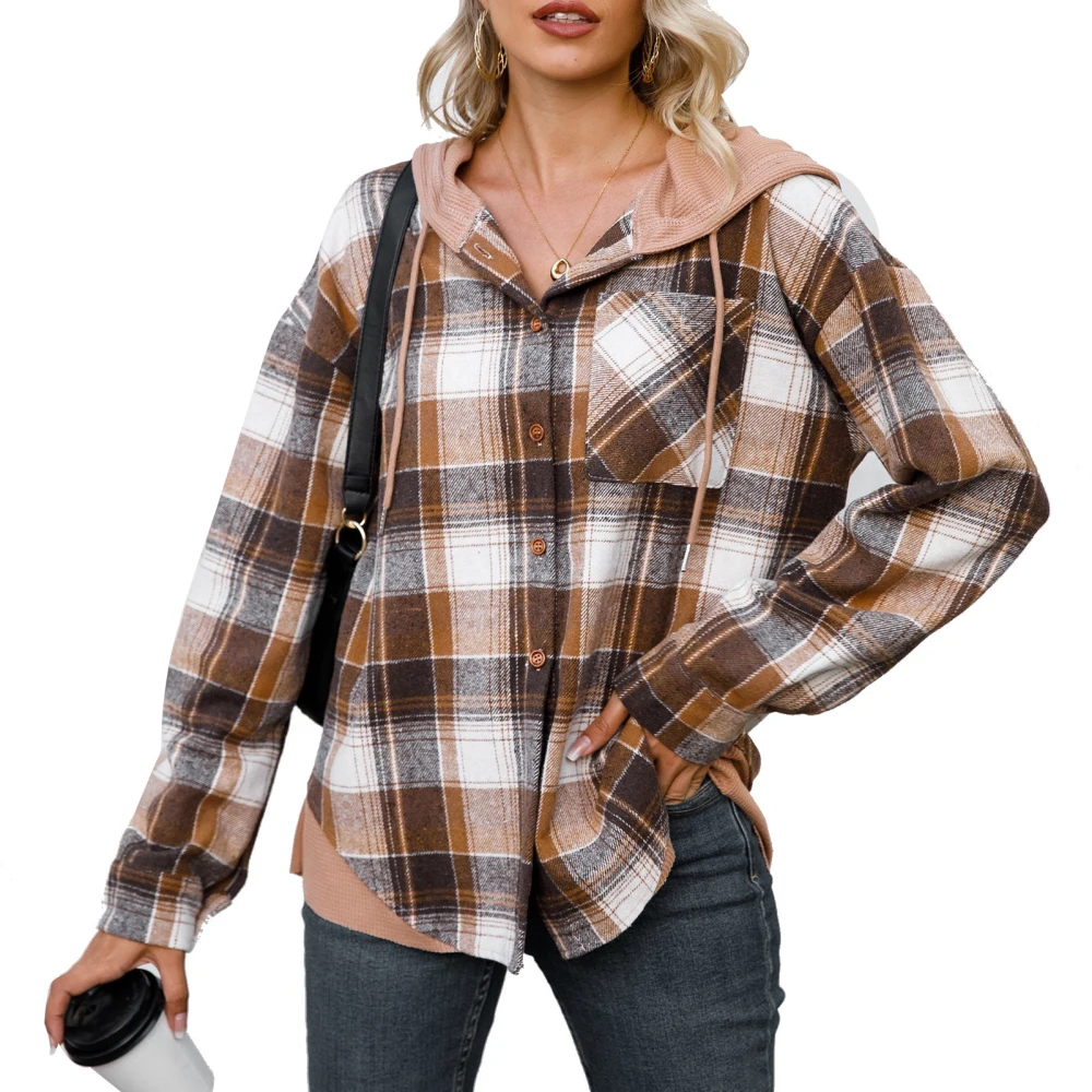 Women Shacket Long Sleeve Drawstring Hooded Plaid Print Single Breasted Shirt Jacket with Pocket Brown M