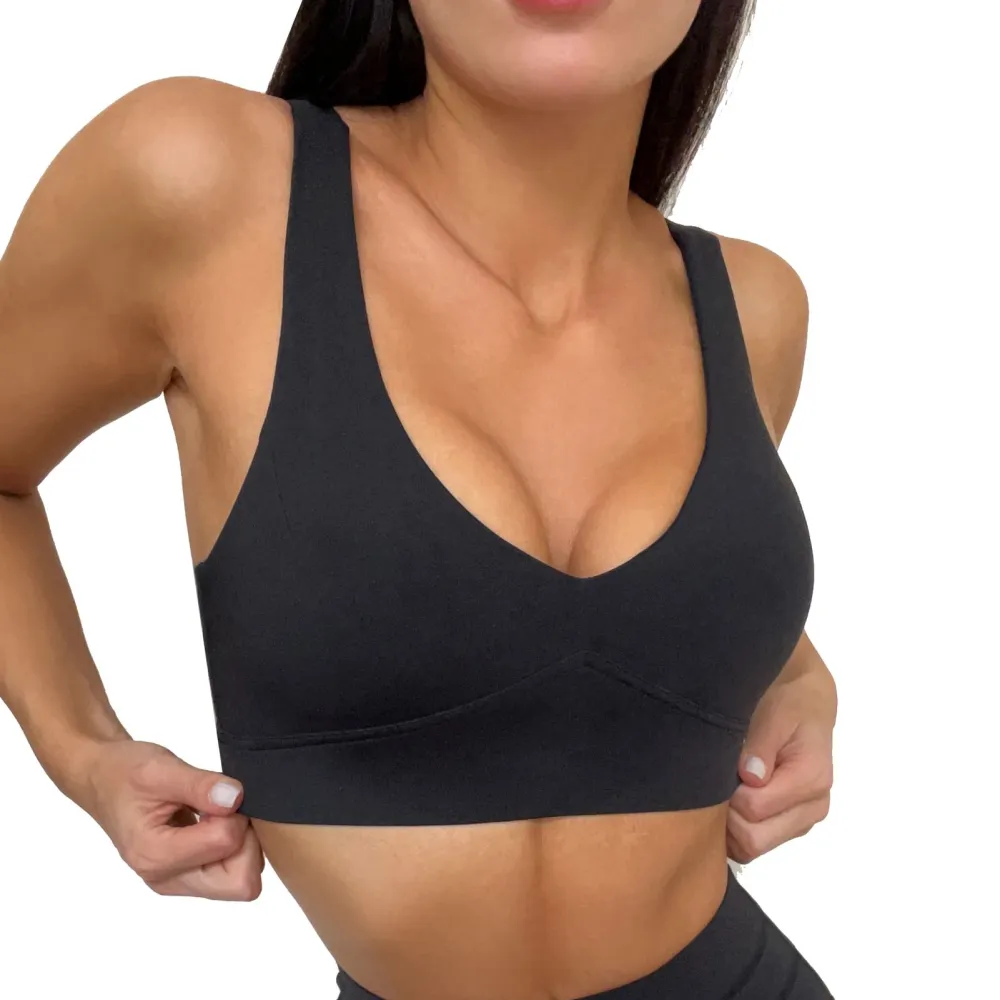 Women Yoga Bra V Neck U Shape Back 3 Buckles Seamless Sports Support Bra with Chest Pad Black S