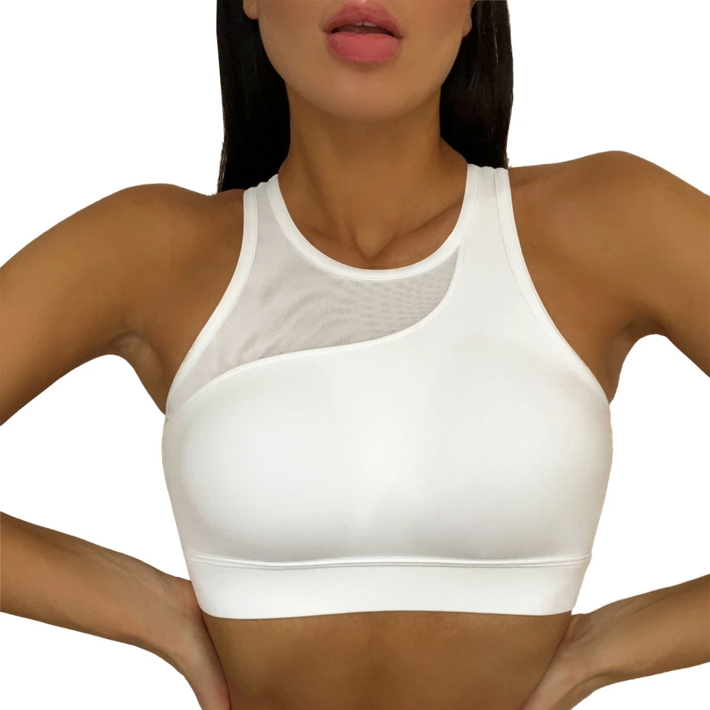 Sports Bra Round Neck Sleeveless Splicing Mesh Wide Hem Sweat Absorbing Fitness Bra with Cups for Running White S