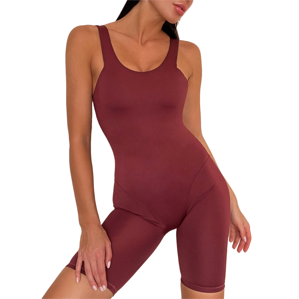 Women Sports Bodysuit Pure Color Slim Skinny Deep U Beauty Back Yoga Jumpsuits for Female Wine Red S