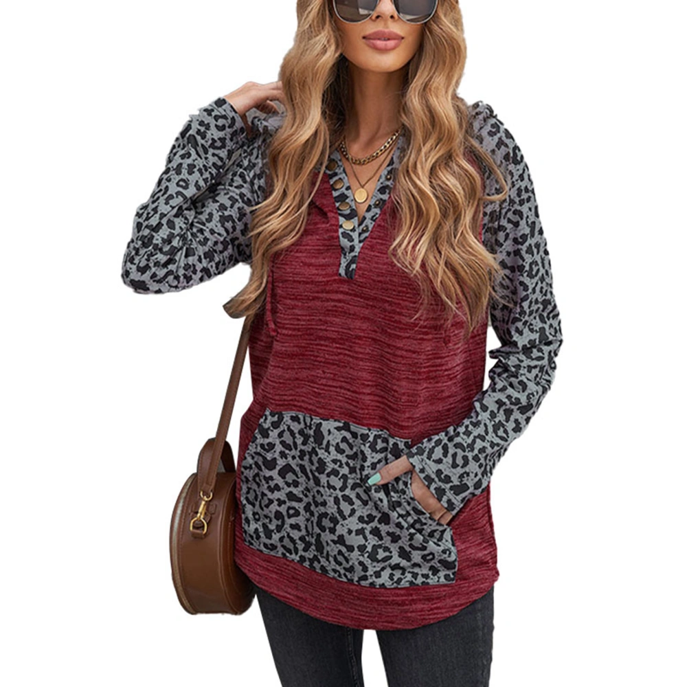 Hooded Sweatshirt Leopard Print Splicing Design Long Sleeve Neckline Snap Button Large Pocket Drawstring Women Hoodie Red XL