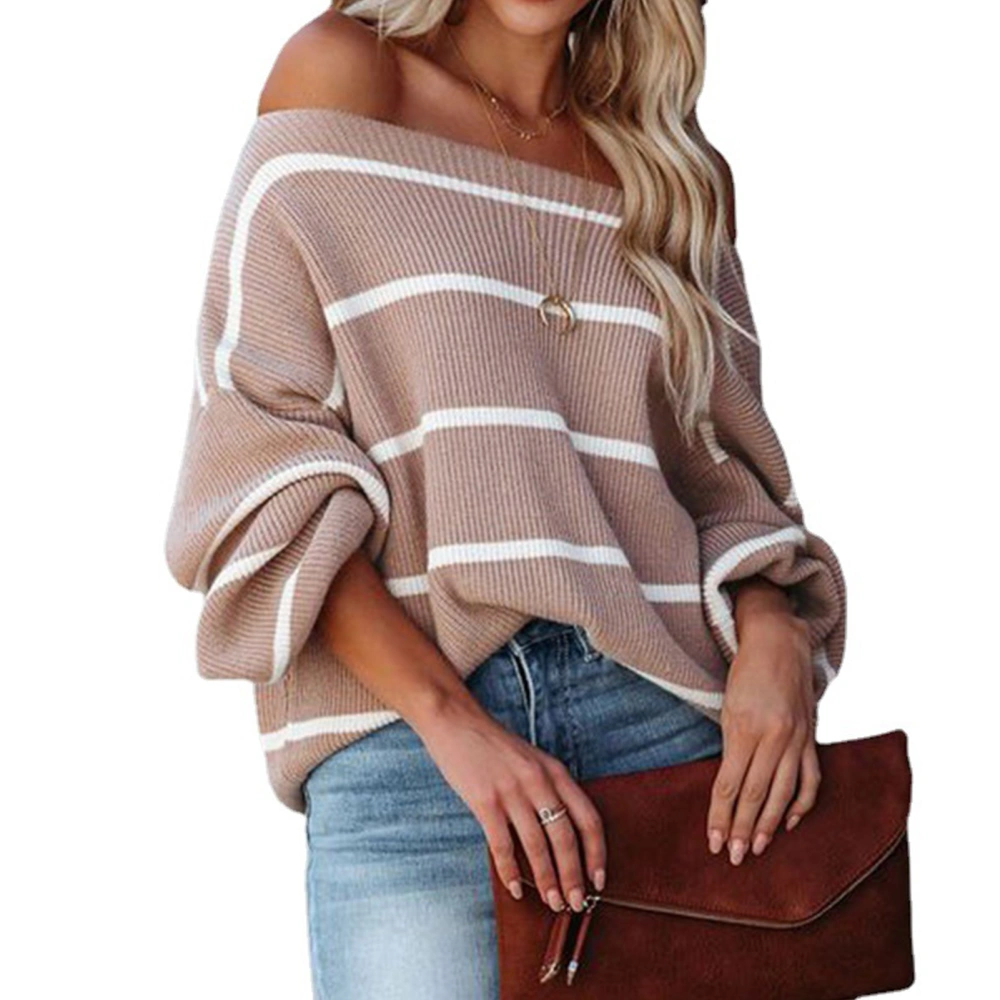 Women Blouse Pullover Puff Sleeve Cold Off Shoulder Shirt Stripe Design for Home Party Pink Apricot XL