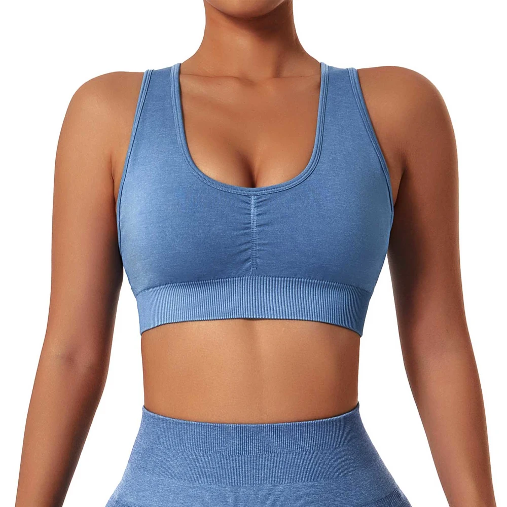 Women Workout Bra U Neck Seamless Removable Cups Padded Ribbed High Impact Quick Dry Athletic Tank Top Blue S