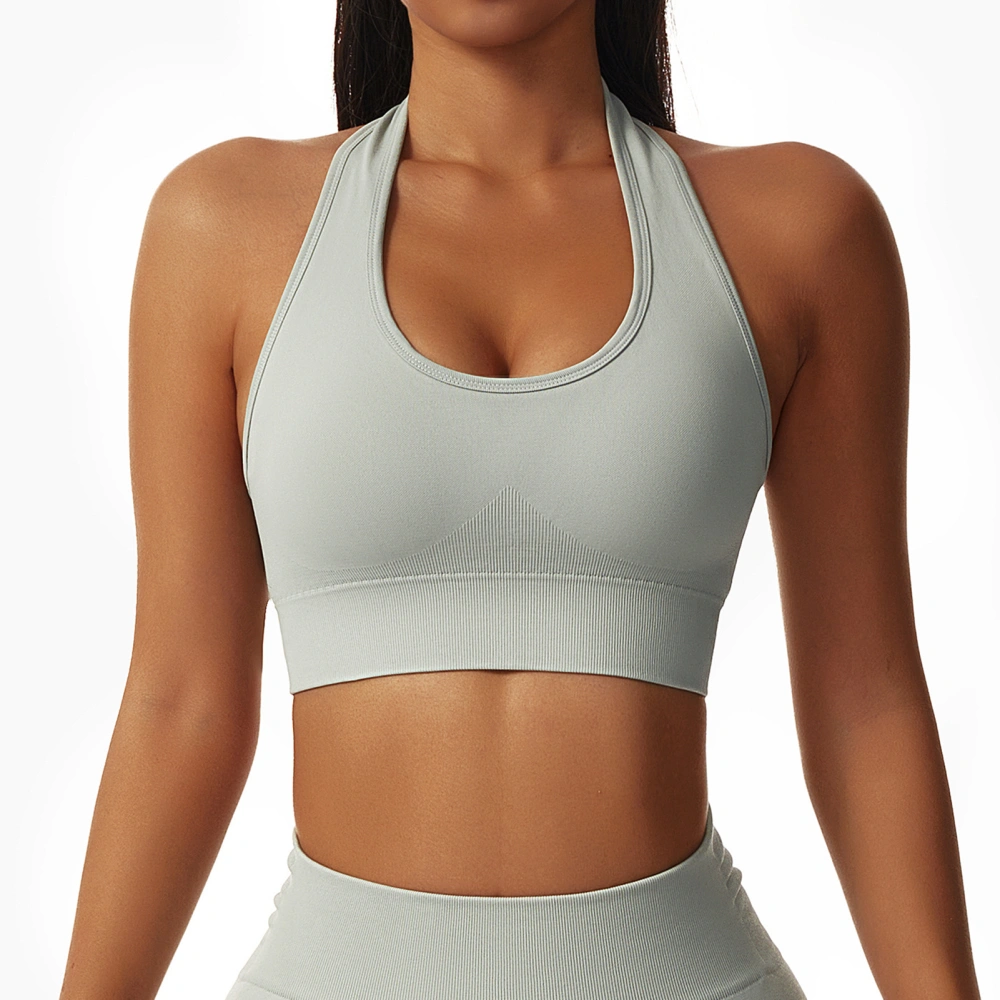 Women Yoga Halter Bra U Neck Backless Seamless Elastic Sports Support Bra with Chest Pad Grey M