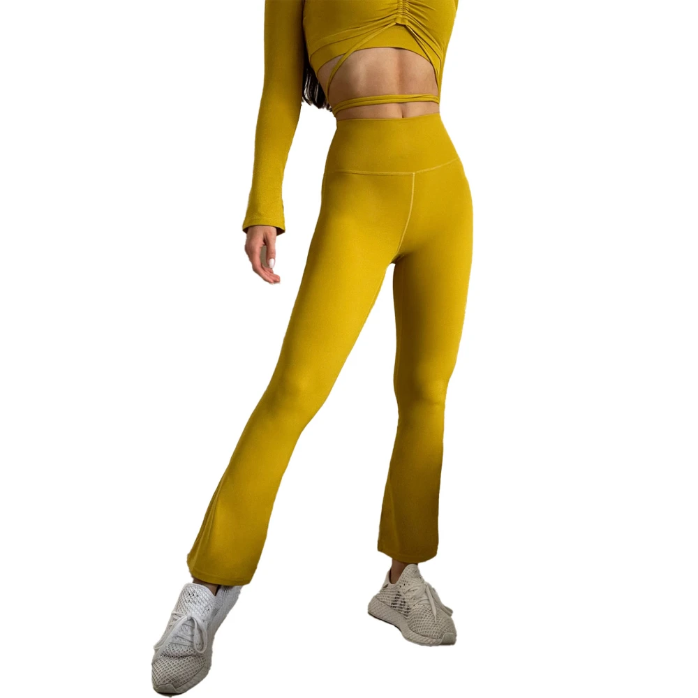 Flared Leggings High Waisted Pure Color Elastic Soft Full Length Casual Slim Flared Sports Leggings for Women Yellow L