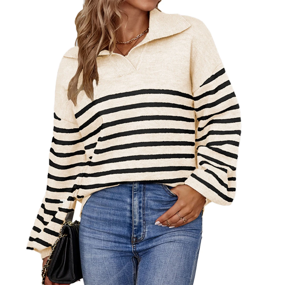 Women Striped Top Lantern Lantern Sleeve Top Color Blocking Design for Autumn and Winter Beige XL