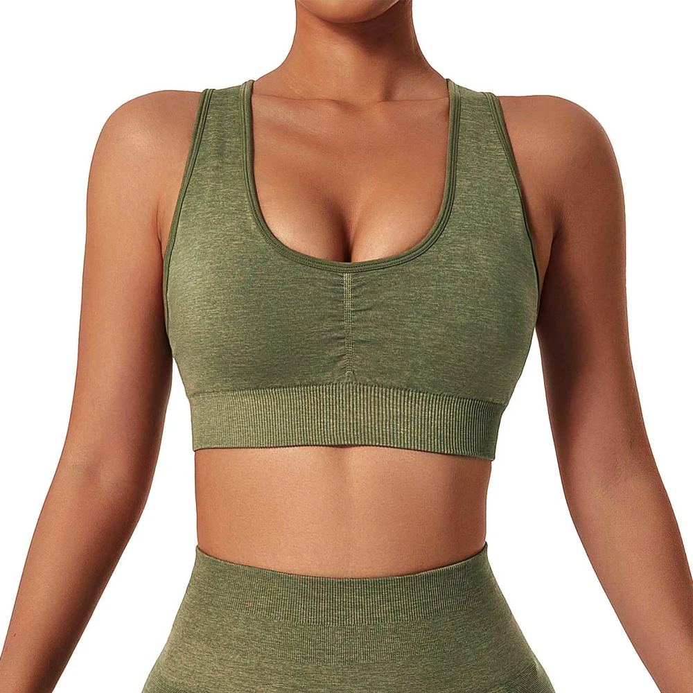 Women Workout Bra U Neck Seamless Removable Cups Padded Ribbed High Impact Quick Dry Athletic Tank Top OD Green S