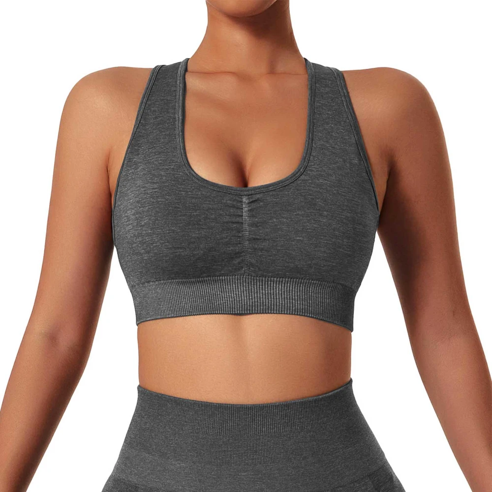 Women Workout Bra U Neck Seamless Removable Cups Padded Ribbed High Impact Quick Dry Athletic Tank Top Dark Gray S