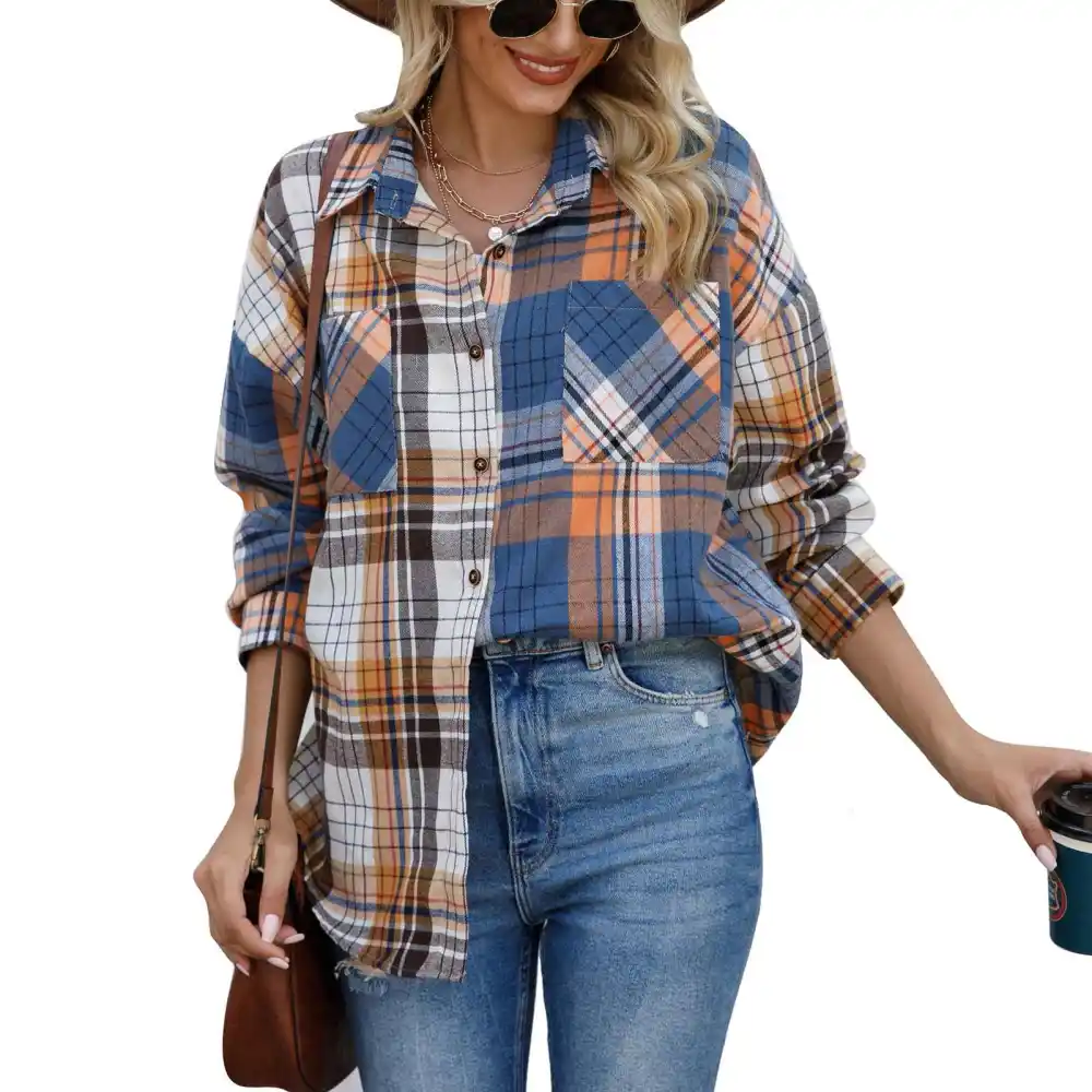 Women Long Sleeve Plaid Shirt Button Down Chest Pocket Design Loose Fashionable Women Casual Coat Blue XL