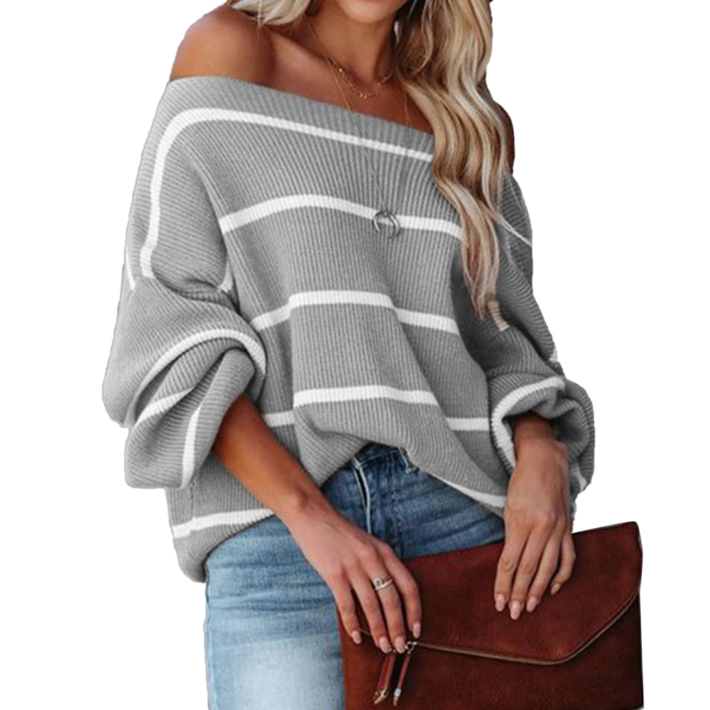 Women Blouse Pullover Puff Sleeve Cold Off Shoulder Shirt Stripe Design for Home Party Grey S