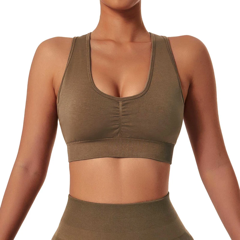 Women Workout Bra U Neck Seamless Removable Cups Padded Ribbed High Impact Quick Dry Athletic Tank Top Coffee M