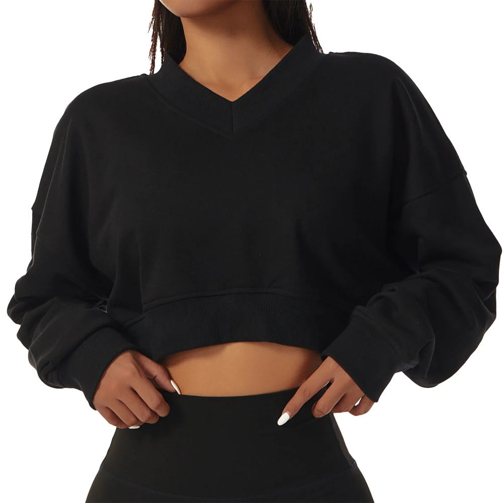 Women Cropped Sweatshirt Pullover Ribbed Cuffs V Neck Drop Shoulder Pure Color Women Long Sleeve Crop Top for Sports Black S