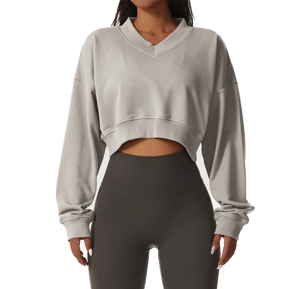 Women Cropped Sweatshirt Pullover Ribbed Cuffs V Neck Drop Shoulder Pure Color Women Long Sleeve Crop Top for Sports Grey XL