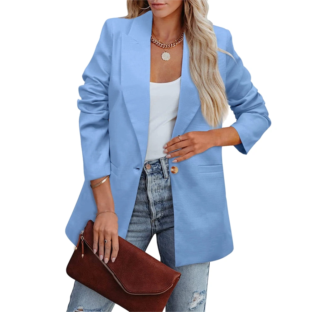 Women Suit Jacket Long Sleeve Pure Color Leisure Style Soft Polyester Women Blazer for Business Work Outdoor Blue M