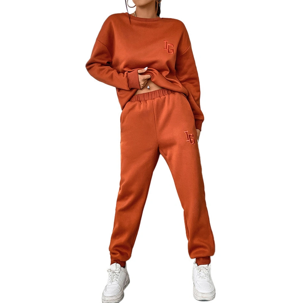 Women Pullover Outfits Pure Color Long Sleeve Top Full Length Pants Letter Printed with Side Pockets Crewneck Two Piece Pullover Caramel Color M