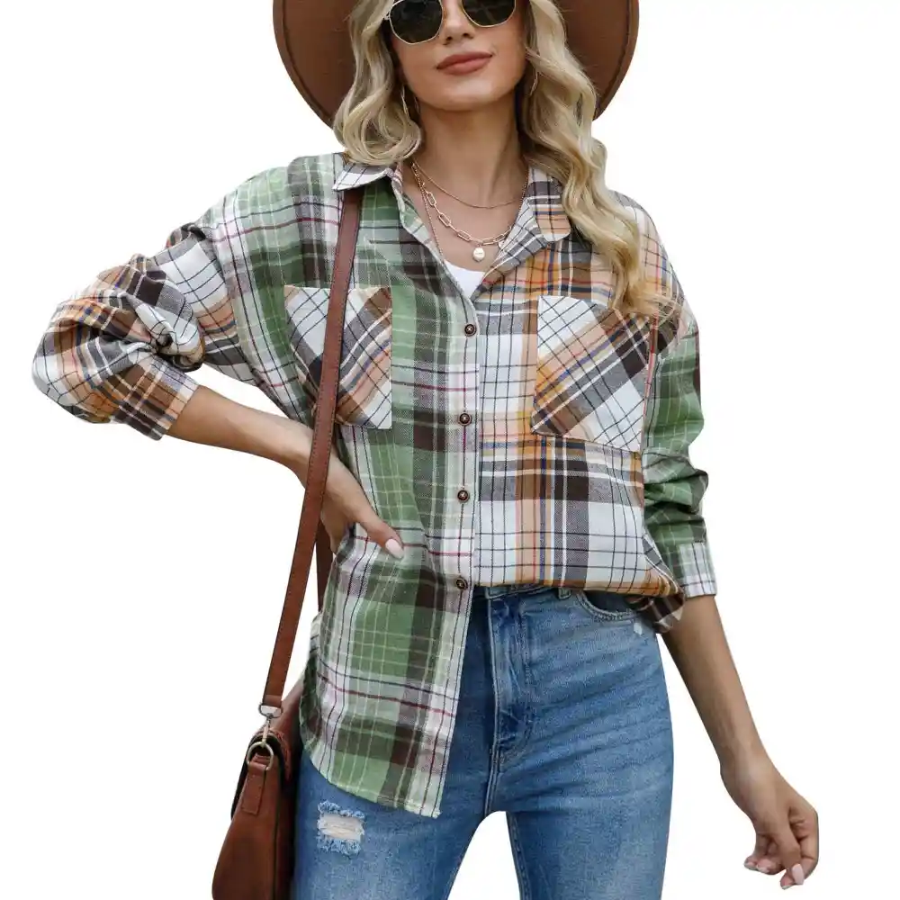 Women Long Sleeve Plaid Shirt Button Down Chest Pocket Design Loose Fashionable Women Casual Coat Green L