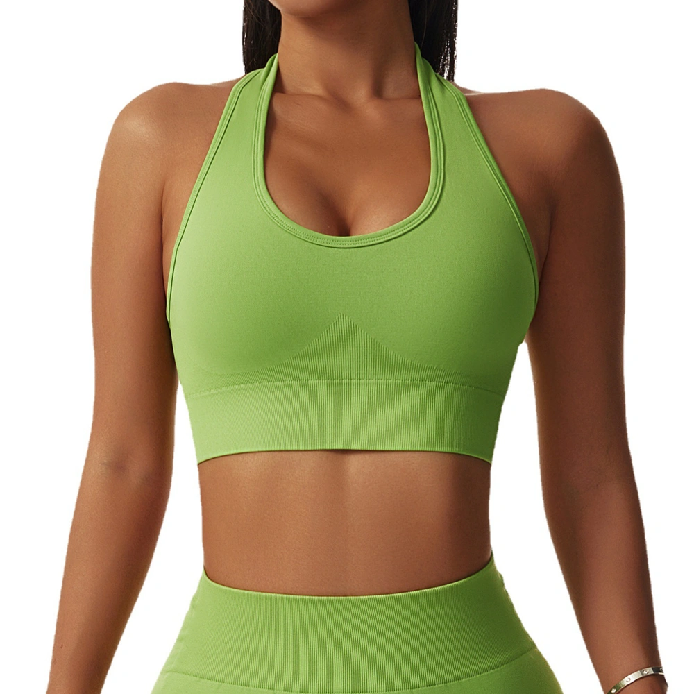 Women Yoga Halter Bra U Neck Backless Seamless Elastic Sports Support Bra with Chest Pad Green L