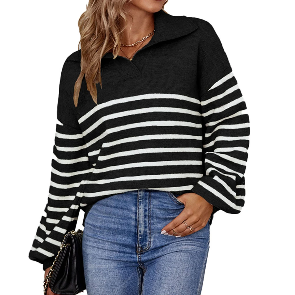 Women Striped Top Lantern Lantern Sleeve Top Color Blocking Design for Autumn and Winter Black M