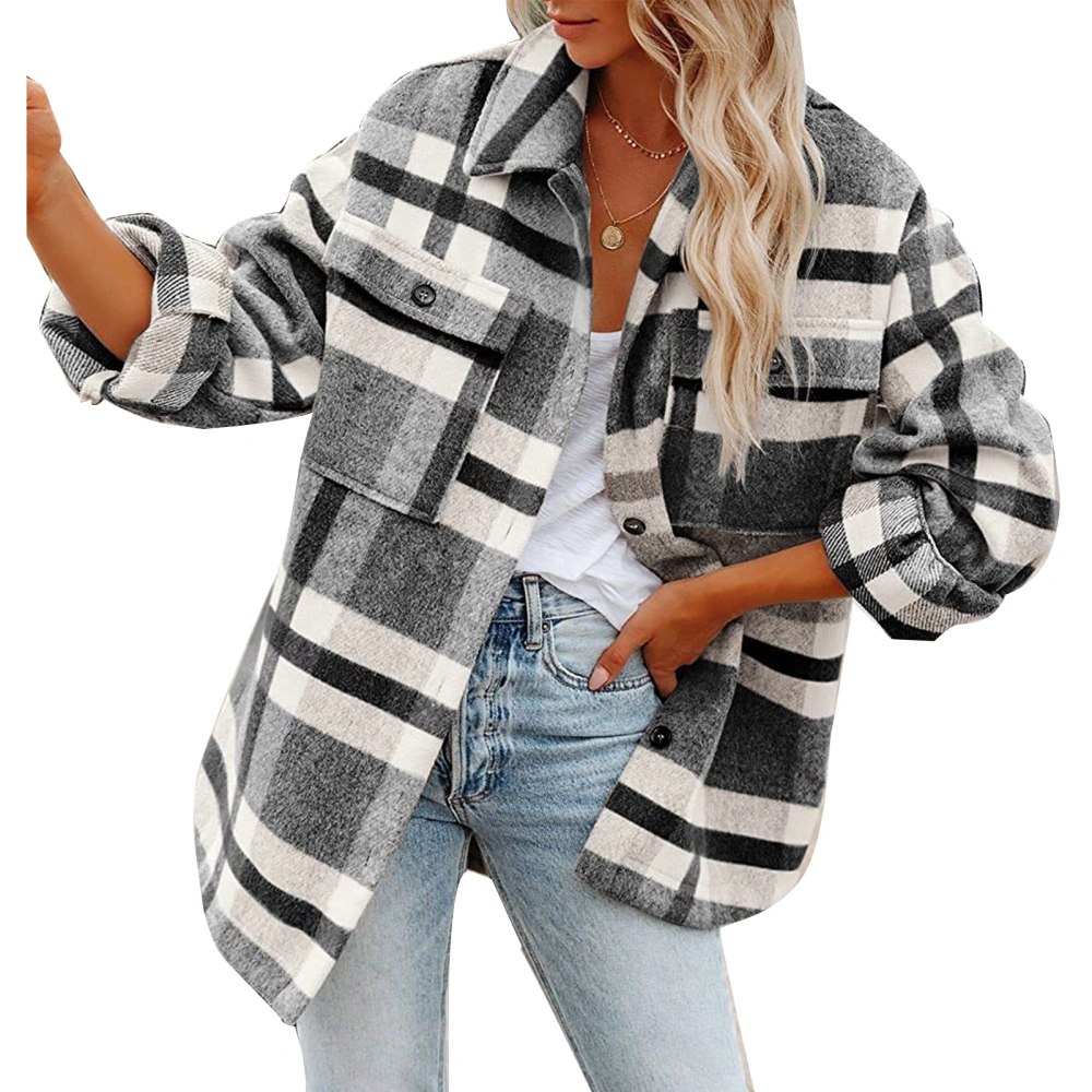 Woman Plaid Jacket Fashionable Loose Comfortable Soft Female Grid Pattern Button Jacket for Work Travelling Black White Grid XL