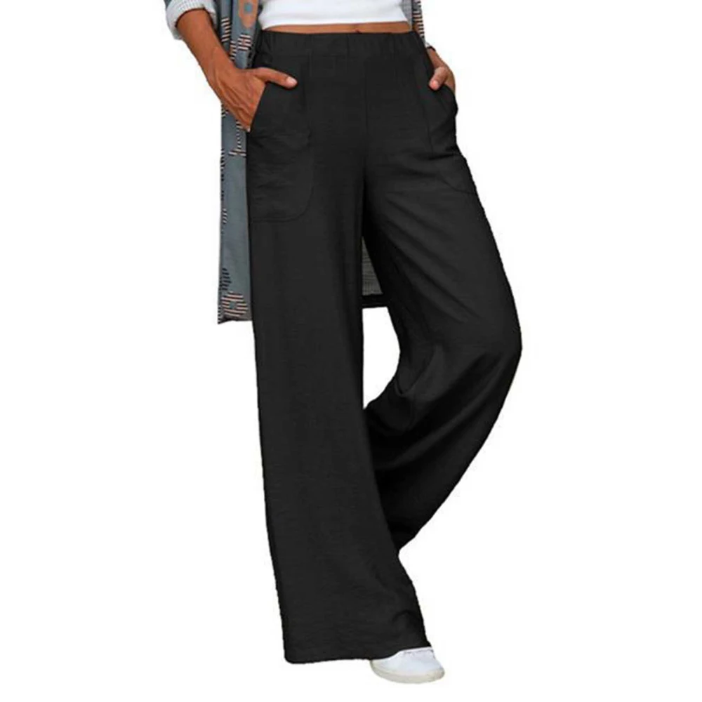 Women Pants Wide Straight Leg Elastic Waist Loose Casual Pure Color Slacks Trousers with Side Pockets Black XXL