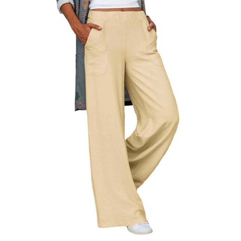 Women Pants Wide Straight Leg Elastic Waist Loose Casual Pure Color Slacks Trousers with Side Pockets Apricot XXL