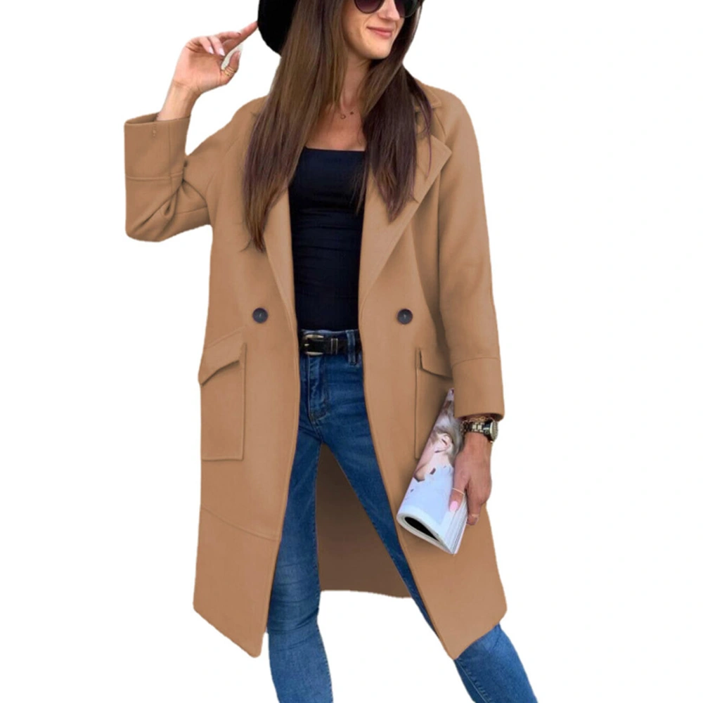 Midi Length Coat Jacket with Large Pockets Long Sleeve Turn Down Collar Pure Color Button Coat for Winter Women Khaki XXL