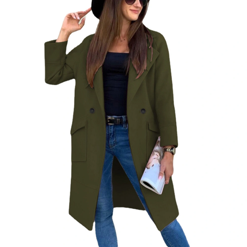 Midi Length Coat Jacket with Large Pockets Long Sleeve Turn Down Collar Pure Color Button Coat for Winter Women OD Green S