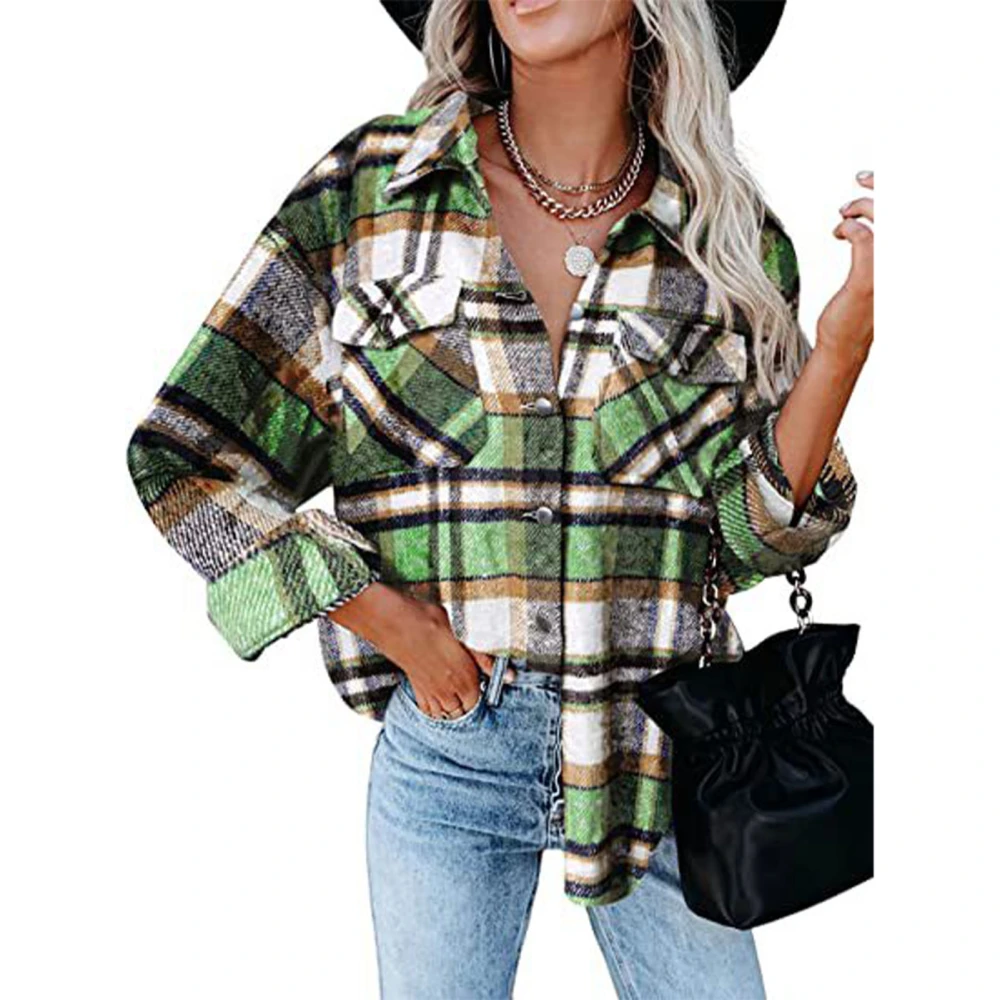 Women Plaid Shirt Button Down 2 Pockets Design Soft Breathable Women Long Sleeve Shirt Jacket for Autumn Winter Green S