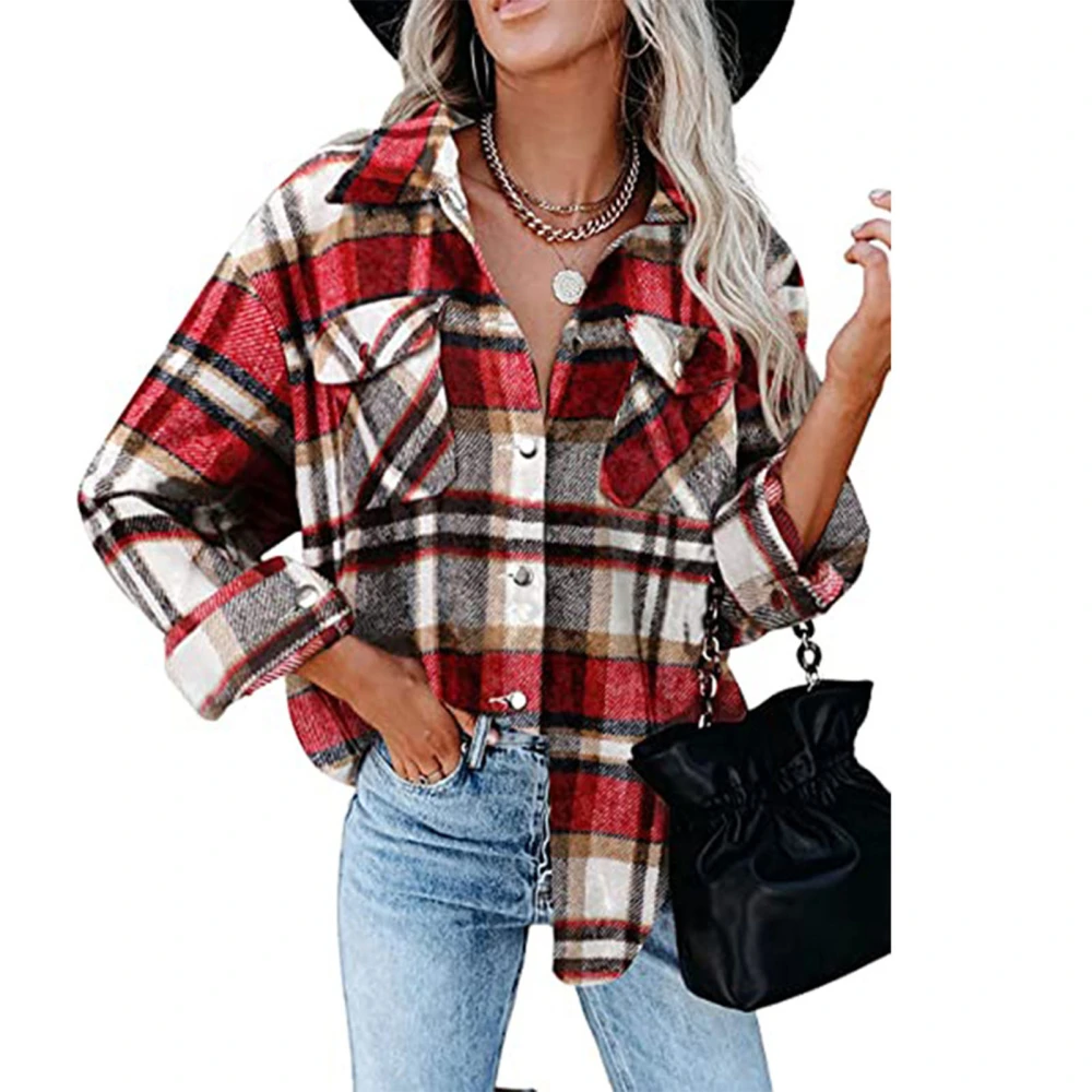 Women Plaid Shirt Button Down 2 Pockets Design Soft Breathable Women Long Sleeve Shirt Jacket for Autumn Winter Jujube Red S