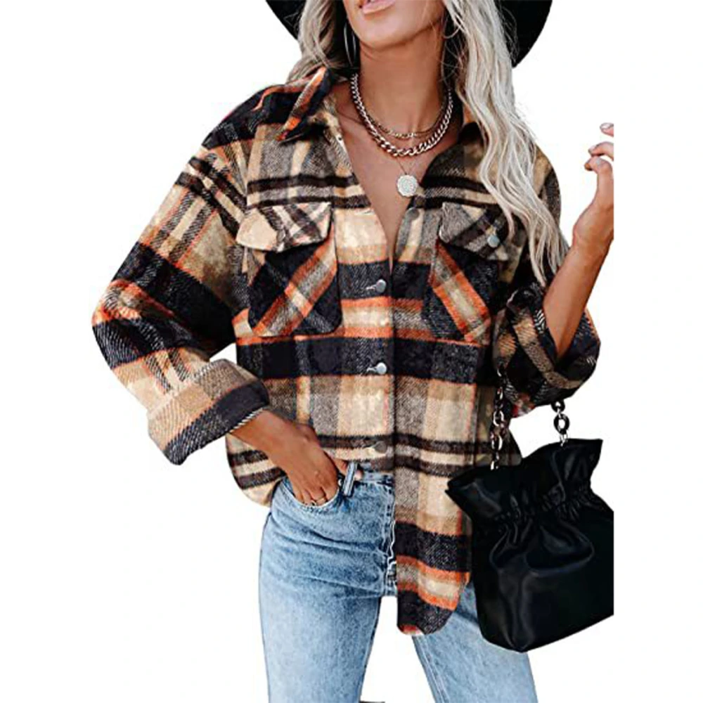 Women Plaid Shirt Button Down 2 Pockets Design Soft Breathable Women Long Sleeve Shirt Jacket for Autumn Winter Orange Blue L