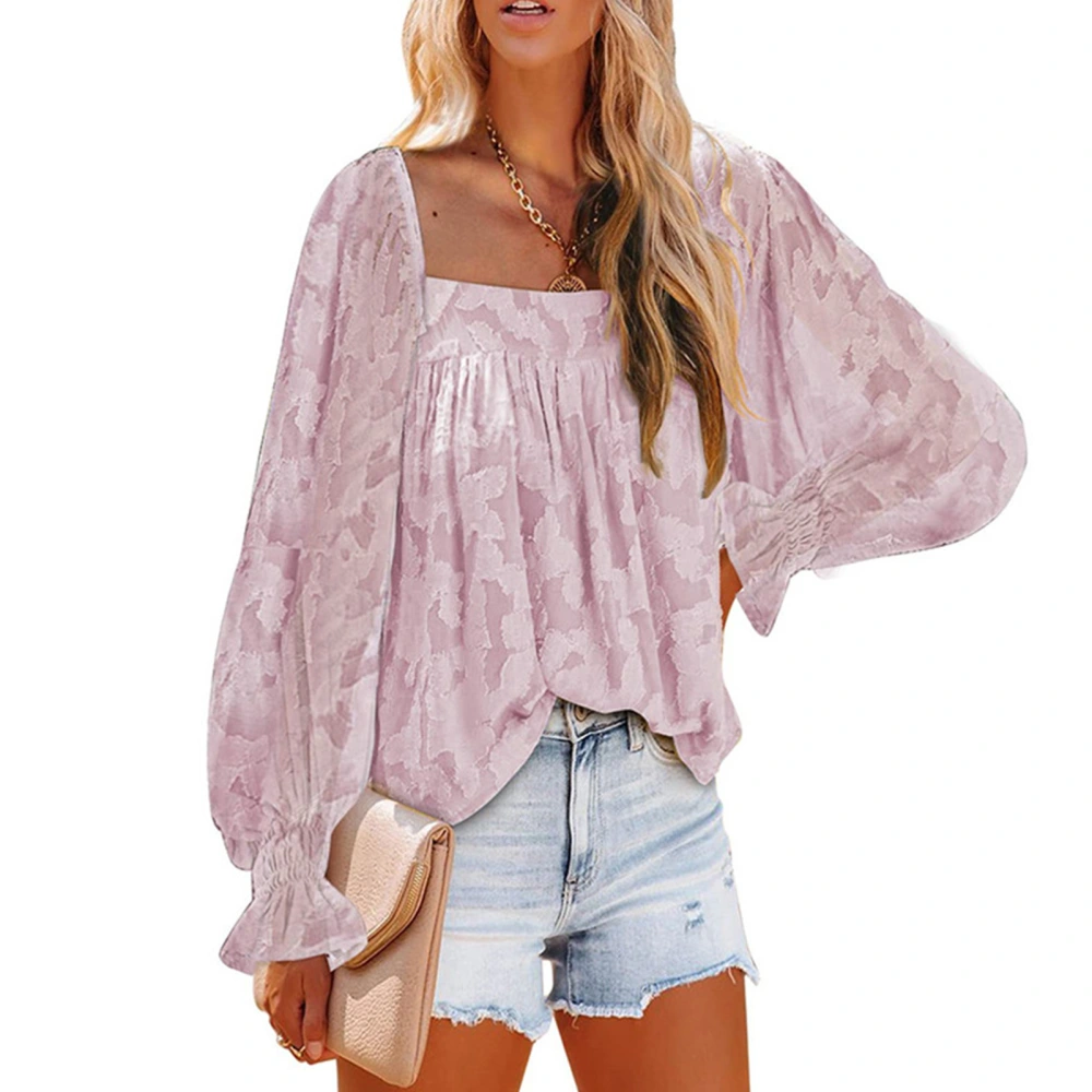 Women Smocked Cuff Top Fashionable Loose Casual Long Sleeve Printed Blouse for Autumn Winter Pink XXL